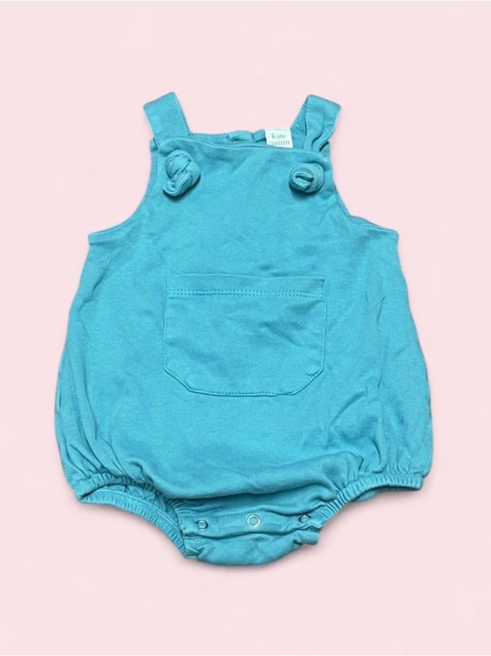 Kate Quinn Organic Cotton Bubble Romper 12-18M Torquoise Knot Strap Overalls